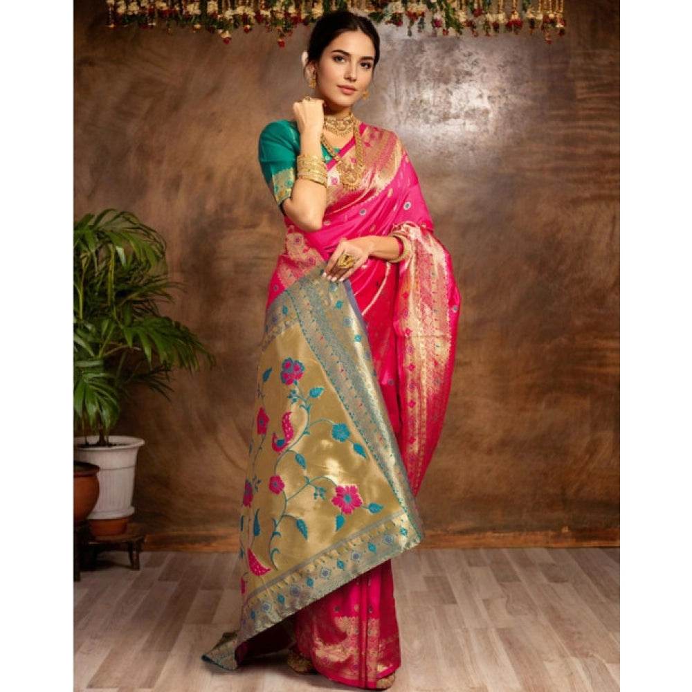 Generic Women's Silk Blend Zari Weaving Saree With Unstitched Blouse 5.5Mtr (Pink) - MYLUXURY LANE ENTERPRISE